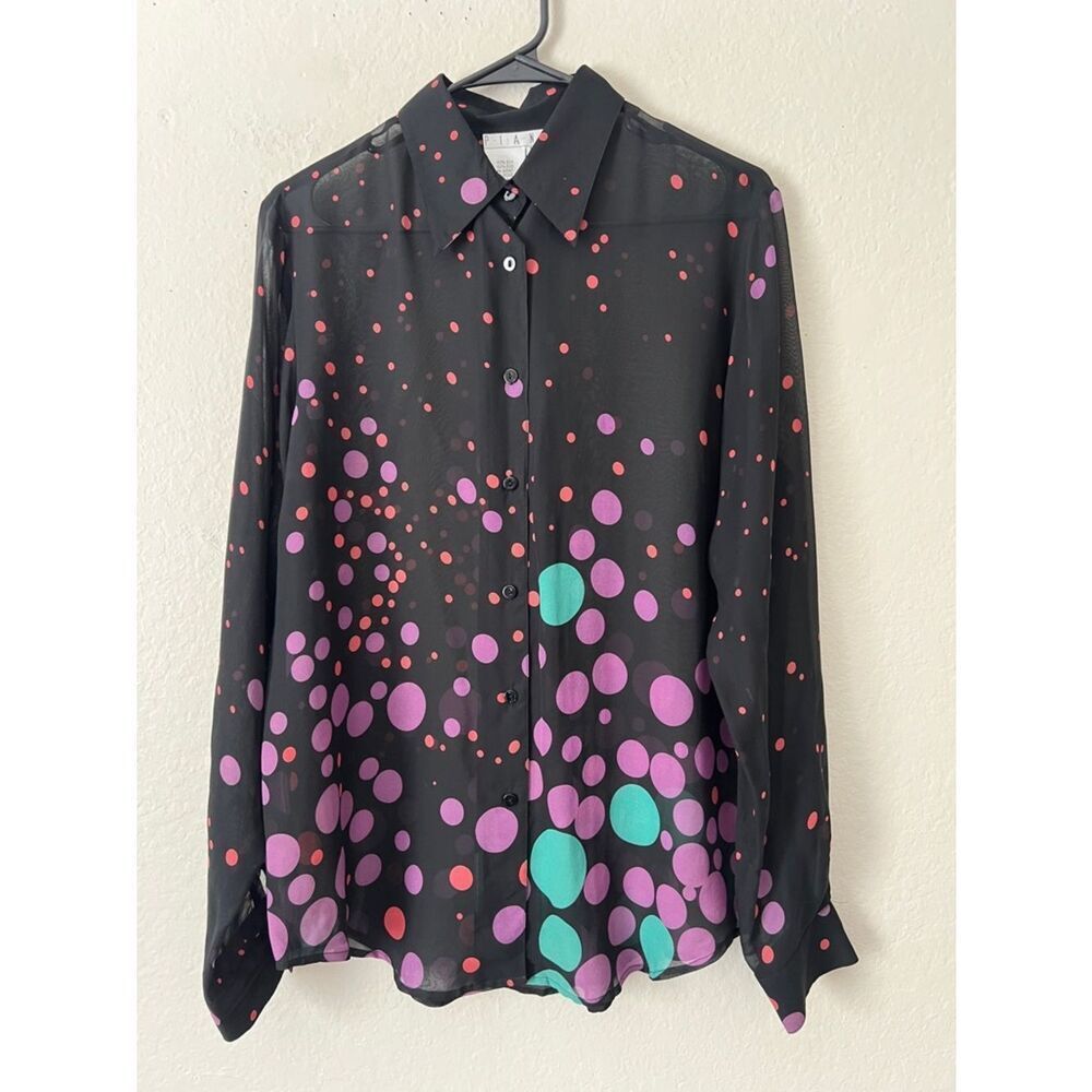 Like New! PIANO 100% Silk Sheer Black Button-Up Blouse Purple & Teal Dot Print M